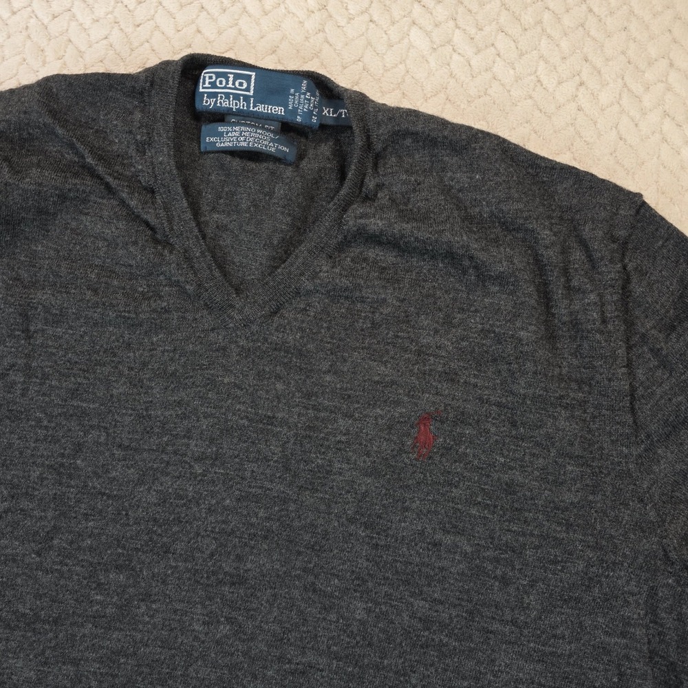 Polo Ralph Lauren Mens XL Charcoal Grey 100% Merino Wool V-Neck Sweater Custom